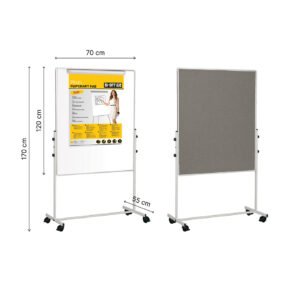 Mobilioji dvipusė lenta BI-OFFICE 70×120, baltoji magnetinė ir pilko veltinio, aliuminio rėmas
