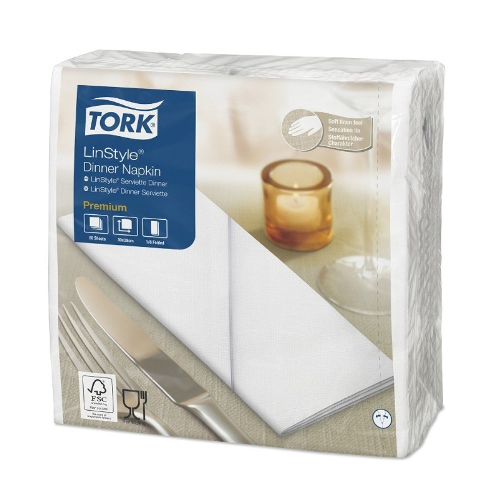 Servetėlės LINSTYLE Dinner, baltos, 1/8 lankstymo, 39 x 39 cm, 50 vnt, 478180