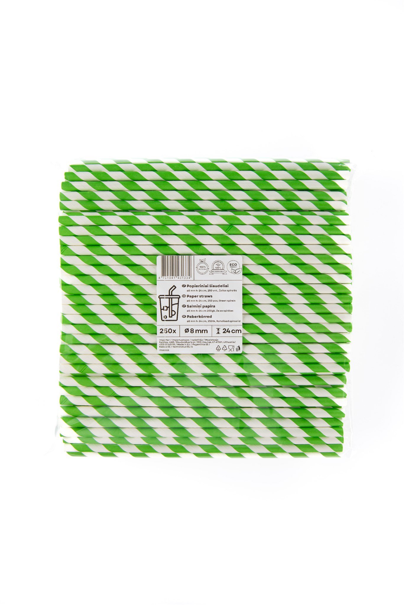 Popieriniai šiaudeliai ZigZag, žali/dryžuoti, D 8 mm, L 24 cm, 250 vnt