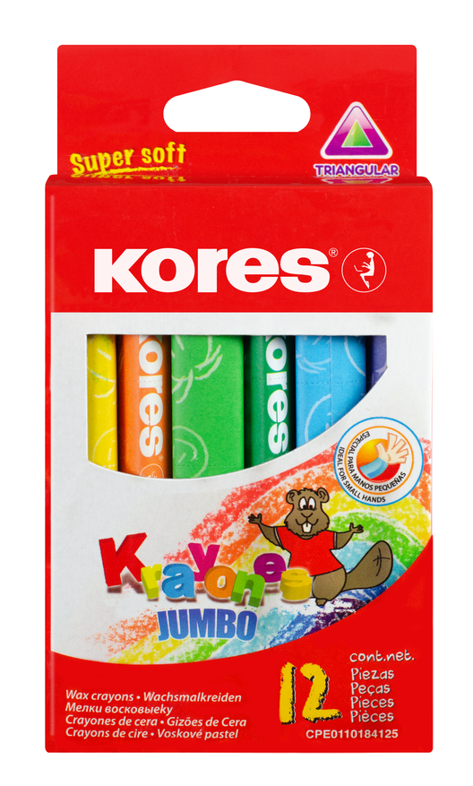 Vaškinės trikampės kreidelės KORES  JUMBO, 12 spalvų